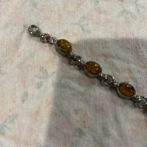 Sterling Silver Bracelet Amber Oval Stones - Picture 3 of 4